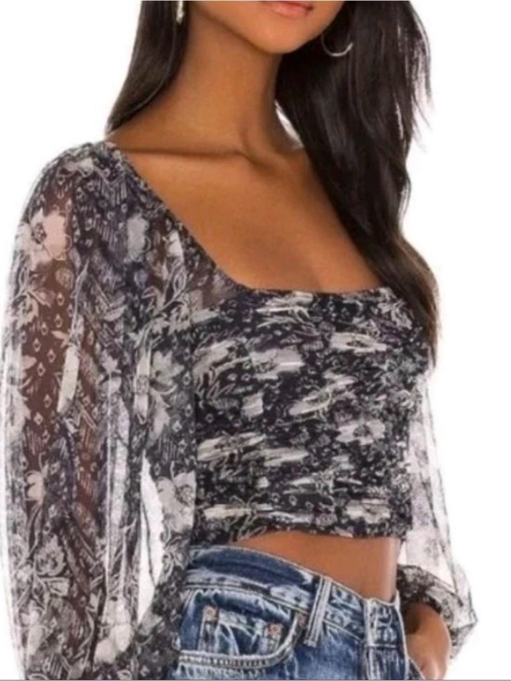 Free People Lilia Crop Top Navy Floral Ruched Mesh Balloon Sleeve L